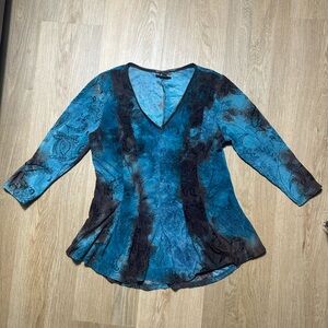 ROZ + ALI Medium Petite Blue and Brown Grunge Fairy Velvet Mesh Tunic Shirt Y2K